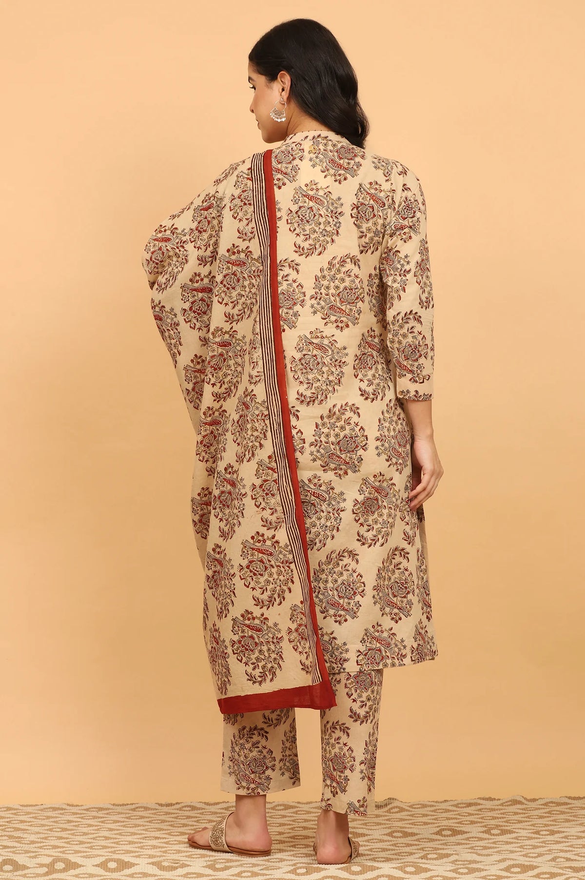 W Beige Kalamkari Printed Cotton Kurta Set with Pants and Dupatta for Women