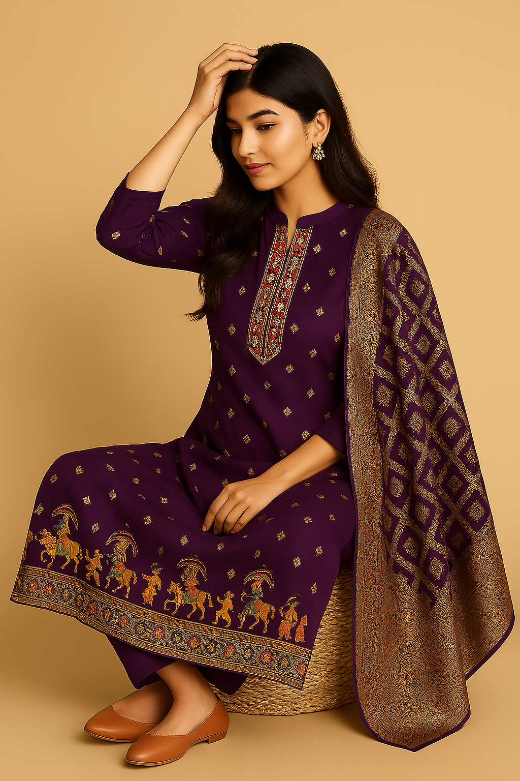 Traditional Purple Kurta Set with Embroidered Dupatta, Ethnic Wear with Gold Print Border, 3-Piece Suit