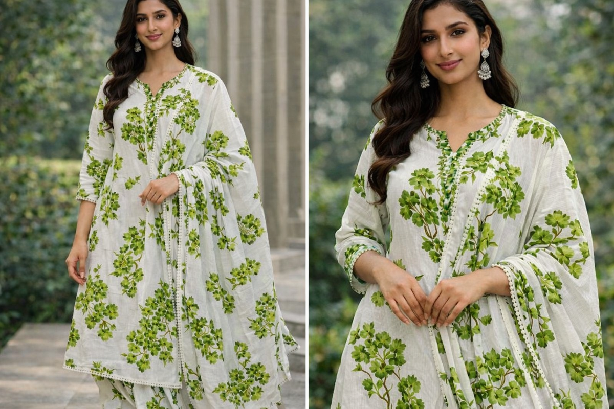 Women's Floral Printed Kurta Set with Dupatta, White and Green, Cotton, Salwar Suit
