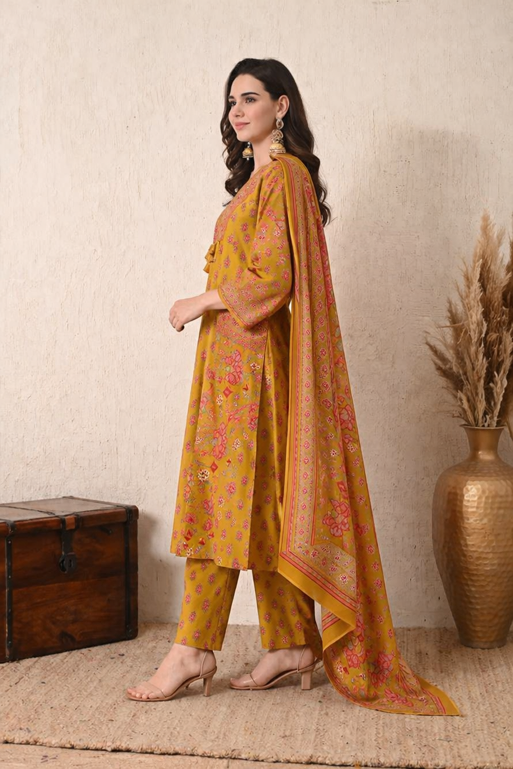 Women's Mustard Yellow Floral Printed Kurta Set with Dupatta and Palazzo Pants, 3-Piece Ethnic Wear