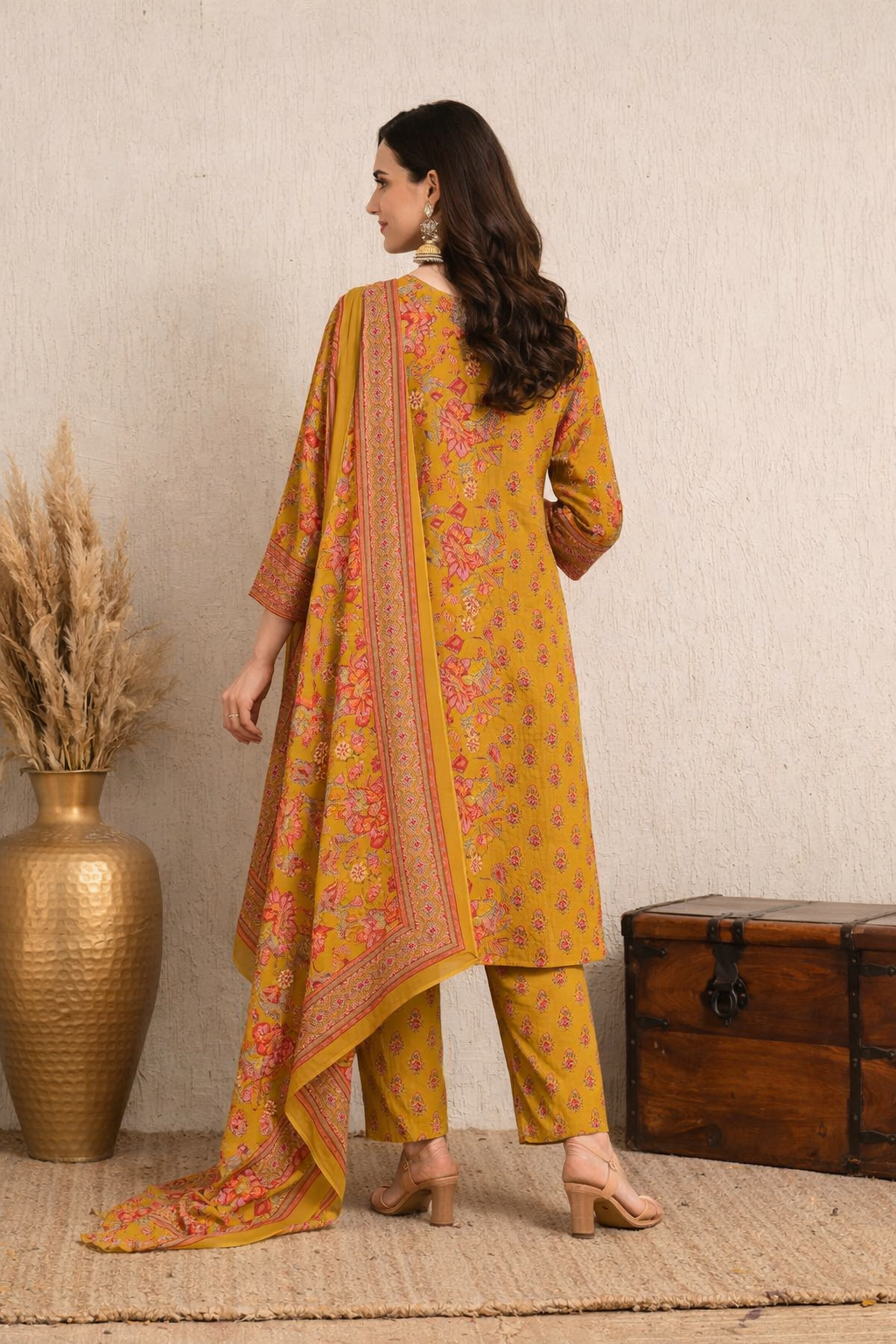 Women's Mustard Yellow Floral Printed Kurta Set with Dupatta and Palazzo Pants, 3-Piece Ethnic Wear