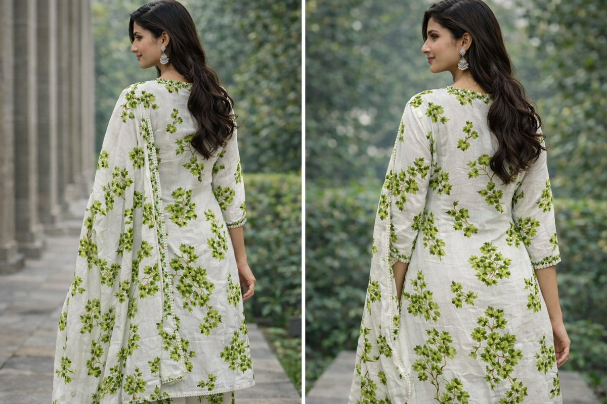 Women's Floral Printed Kurta Set with Dupatta, White and Green, Cotton, Salwar Suit