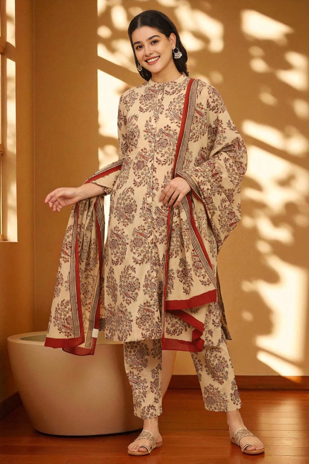 W Beige Kalamkari Printed Cotton Kurta Set with Pants and Dupatta for Women