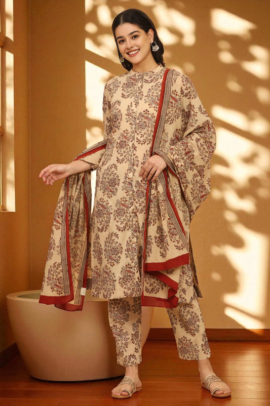 W Beige Kalamkari Printed Cotton Kurta Set with Pants and Dupatta for Women