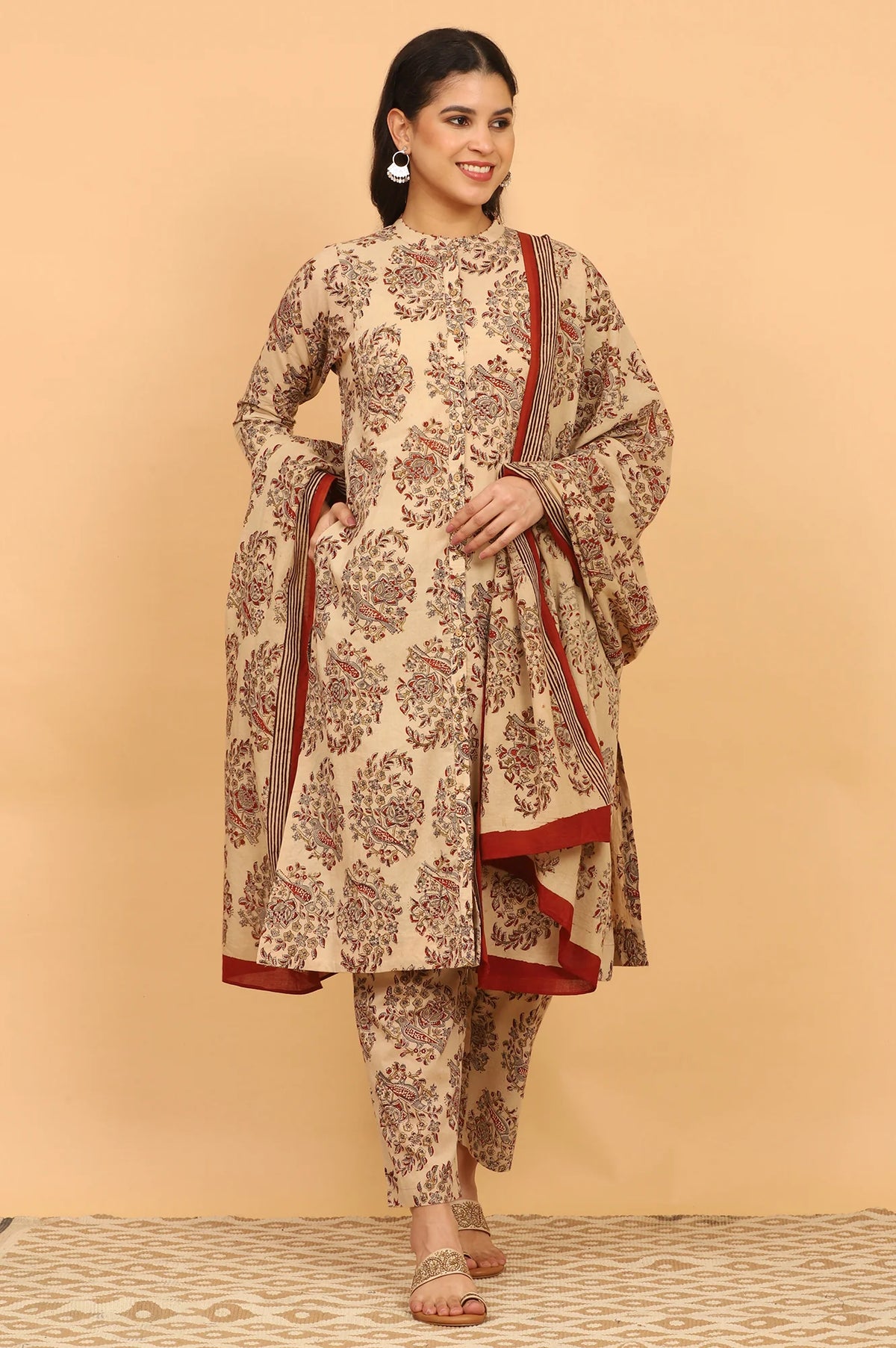 W Beige Kalamkari Printed Cotton Kurta Set with Pants and Dupatta for Women
