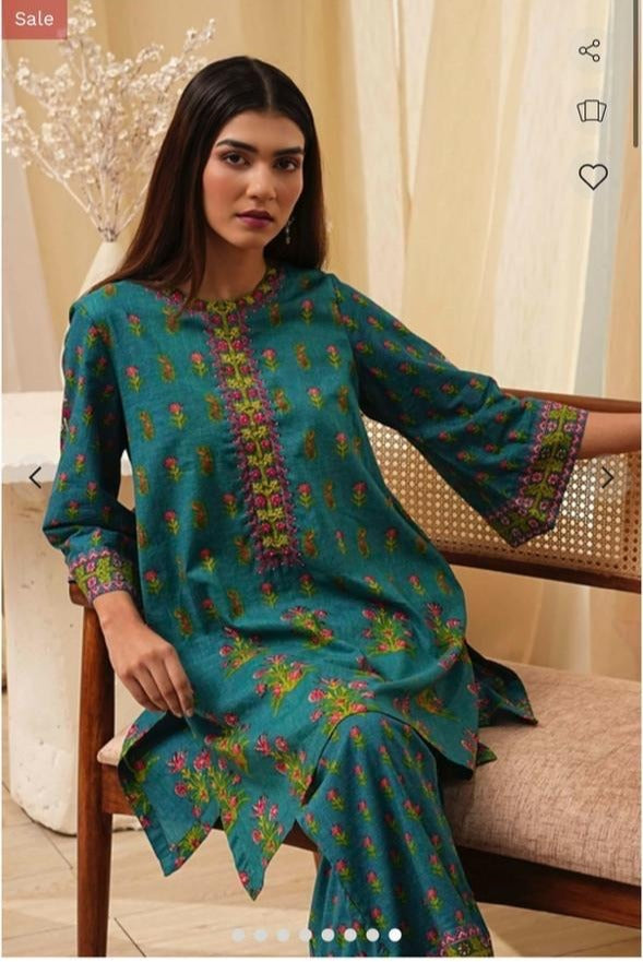 Women's Kurta Set with Dupatta, Teal Floral Print, Embroidered Neckline, 3-Piece Salwar Suit