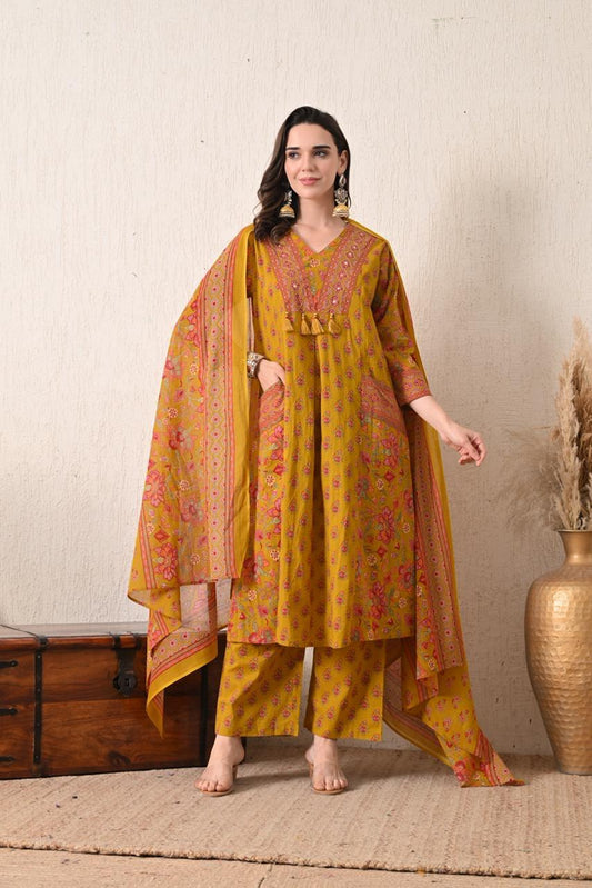 Women's Mustard Yellow Floral Printed Kurta Set with Dupatta and Palazzo Pants, 3-Piece Ethnic Wear
